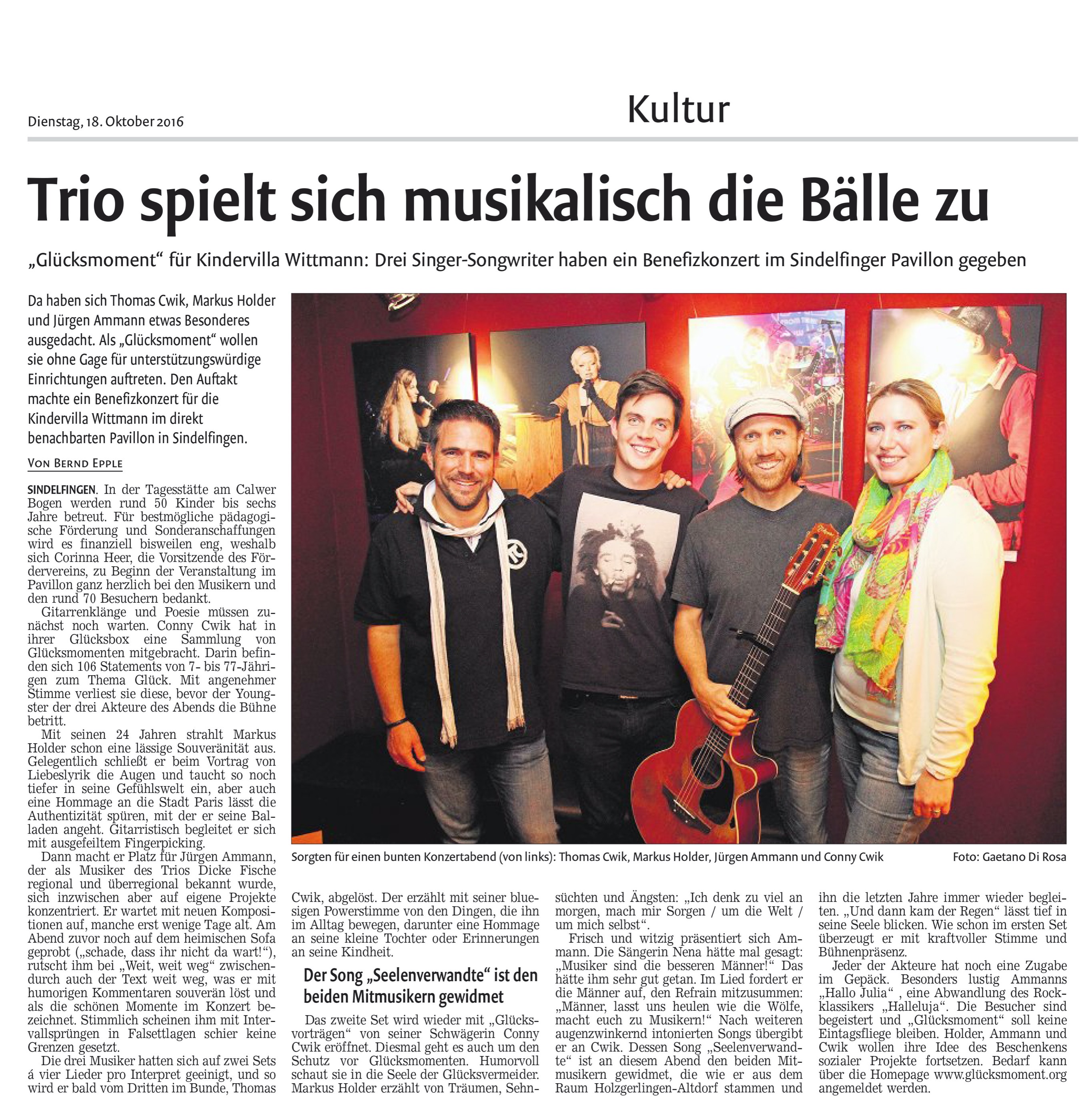 Zeitungsartikel „Trio spielt sich musikalisch die Bälle zu“ von Bernd Epple, Kreiszeitung Böblinger Bote vom 18. Oktober 2016, über das erste Glücksmoment-Konzert für die Kindervilla Wittmann im Sindelfinger Pavillon